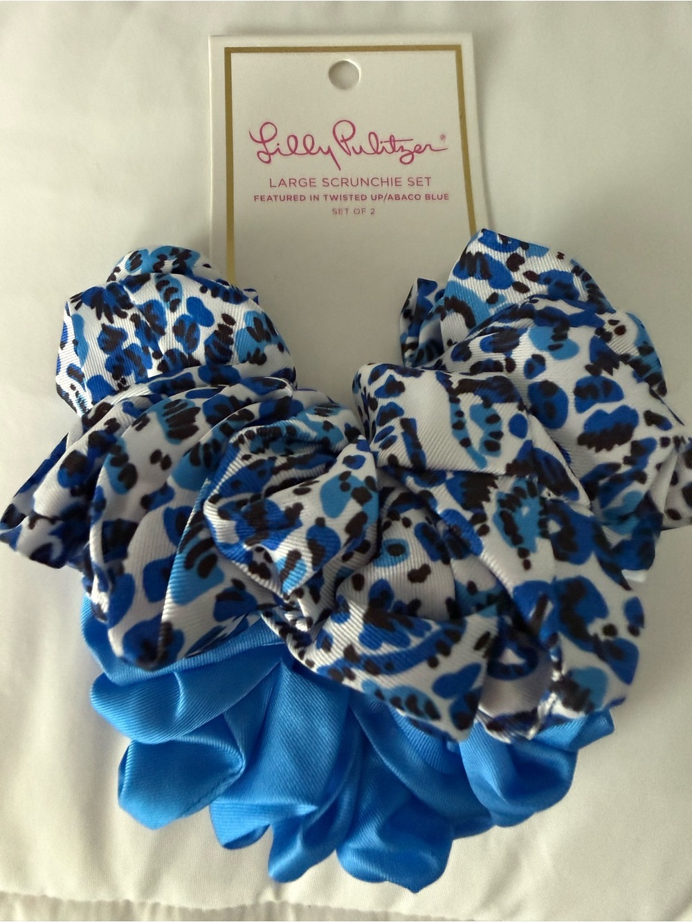 Lilly Pulitzer NWT Blue Leopard Twisted Up & Abaco Blue Large Scrunchie Duo